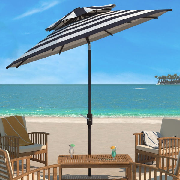 Safavieh IRIS FASHION LINE 9FT Double-Top Patio Umbrella - Chic Art Deco Stripes for Stylish Outdoor Spaces Navy / White PAT8204B