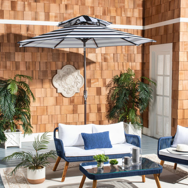 Safavieh IRIS FASHION LINE 9FT Double-Top Patio Umbrella - Chic Art Deco Stripes for Stylish Outdoor Spaces Navy / White PAT8204B