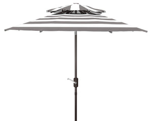 Safavieh IRIS FASHION LINE 9FT Double-Top Patio Umbrella - Chic Art Deco Stripes for Stylish Outdoor Spaces Grey / White PAT8204D