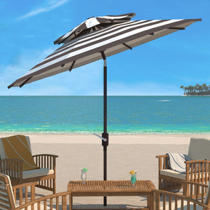 Safavieh IRIS FASHION LINE 9FT Double-Top Patio Umbrella - Chic Art Deco Stripes for Stylish Outdoor Spaces Grey / White PAT8204D