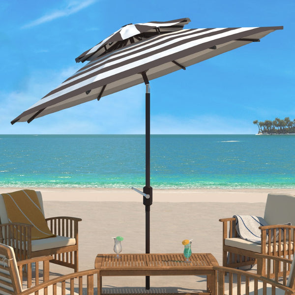 Safavieh IRIS FASHION LINE 9FT Double-Top Patio Umbrella - Chic Art Deco Stripes for Stylish Outdoor Spaces Grey / White PAT8204D