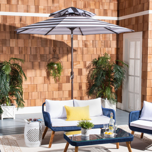 Safavieh IRIS FASHION LINE 9FT Double-Top Patio Umbrella - Chic Art Deco Stripes for Stylish Outdoor Spaces Grey / White PAT8204D