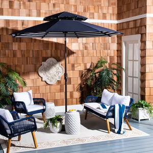 Safavieh ATHENS 9FT DOUBLE TOP CRANK UMBRELLA - Chic Mediterranean Style for Patio and Outdoor Living Spaces Navy / White PAT8207A