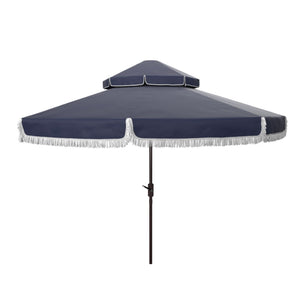 Safavieh MILAN 9FT Double Top Crank Umbrella - Elegant Outdoor Shade for Patios, Poolside, and Gatherings Navy / White PAT8208A