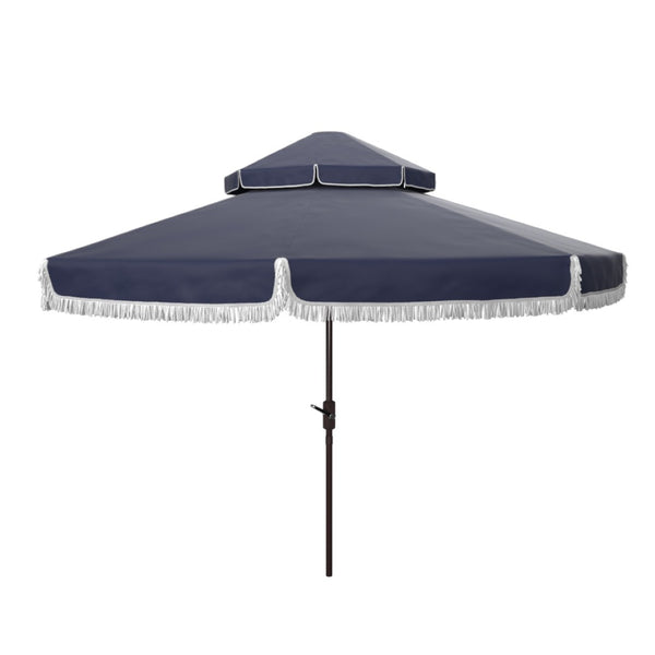 Safavieh MILAN 9FT Double Top Crank Umbrella - Elegant Outdoor Shade for Patios, Poolside, and Gatherings Navy / White PAT8208A