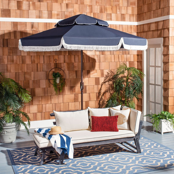 Safavieh MILAN 9FT Double Top Crank Umbrella - Elegant Outdoor Shade for Patios, Poolside, and Gatherings Navy / White PAT8208A
