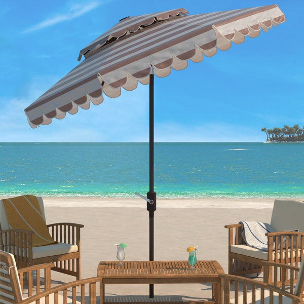 Safavieh VIENNA 9ft Double Top Umbrella - Elegant Scallop Design for Stylish Outdoor Shade and Comfort Beige / White PAT8211A