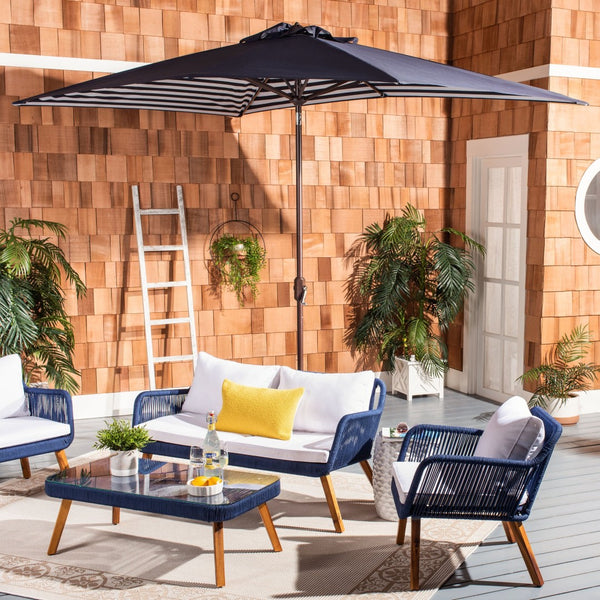 Safavieh ATHENS 6.5x10FT Rectangular Crank Umbrella - Elevate Your Outdoor Space with Mediterranean Elegance Navy / White PAT8307A