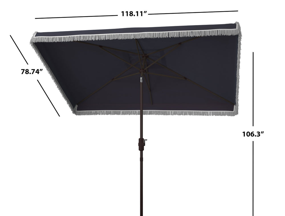 Safavieh MILAN FRINGE 6.5x10FT RECT CRANK UMBRELLA for Stylish Shade and Relaxation at Outdoor Gatherings Navy / White PAT8308A