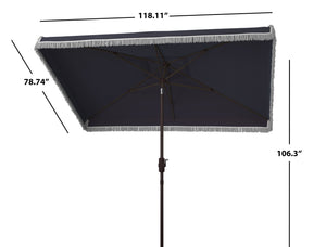 Safavieh MILAN FRINGE 6.5x10FT RECT CRANK UMBRELLA for Stylish Shade and Relaxation at Outdoor Gatherings Navy / White PAT8308A