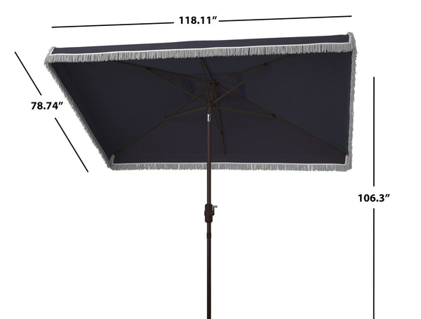 Safavieh MILAN FRINGE 6.5x10FT RECT CRANK UMBRELLA for Stylish Shade and Relaxation at Outdoor Gatherings Navy / White PAT8308A