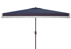 Safavieh MILAN FRINGE 6.5x10FT RECT CRANK UMBRELLA for Stylish Shade and Relaxation at Outdoor Gatherings Navy / White PAT8308A
