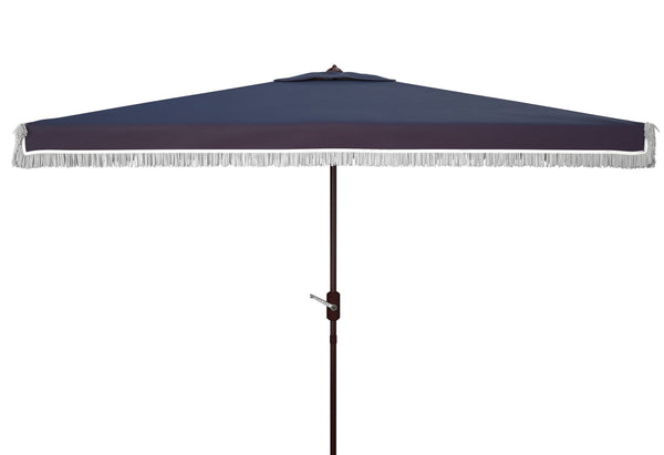 Safavieh MILAN FRINGE 6.5x10FT RECT CRANK UMBRELLA for Stylish Shade and Relaxation at Outdoor Gatherings Navy / White PAT8308A