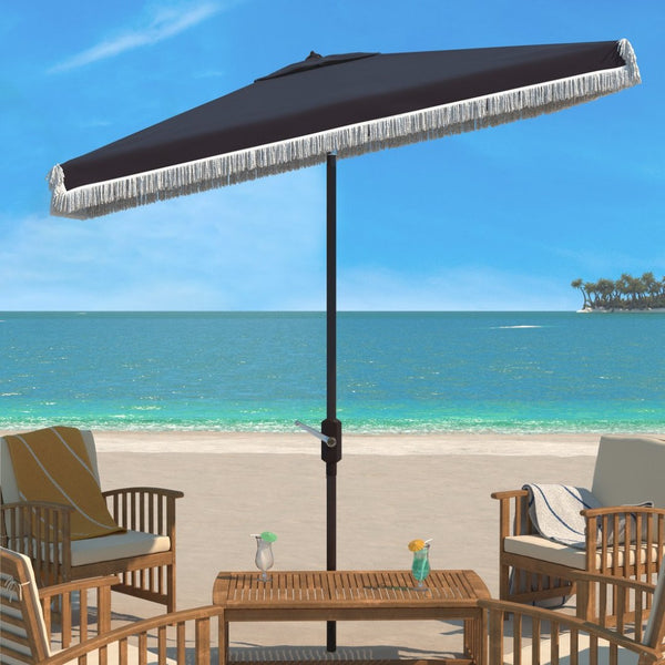 Safavieh MILAN FRINGE 6.5x10FT RECT CRANK UMBRELLA for Stylish Shade and Relaxation at Outdoor Gatherings Navy / White PAT8308A