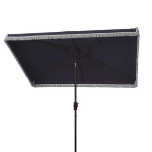 Safavieh MILAN FRINGE 6.5x10FT RECT CRANK UMBRELLA for Stylish Shade and Relaxation at Outdoor Gatherings Navy / White PAT8308A