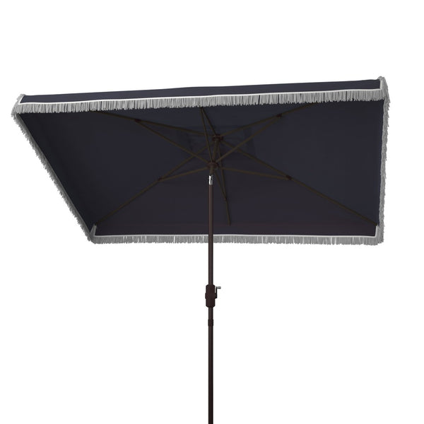Safavieh MILAN FRINGE 6.5x10FT RECT CRANK UMBRELLA for Stylish Shade and Relaxation at Outdoor Gatherings Navy / White PAT8308A