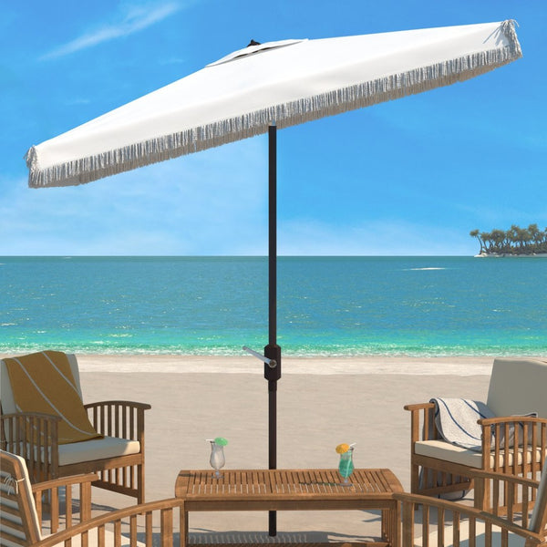 Safavieh MILAN FRINGE 6.5x10FT RECT CRANK UMBRELLA for Stylish Shade and Relaxation at Outdoor Gatherings Ivory PAT8308C