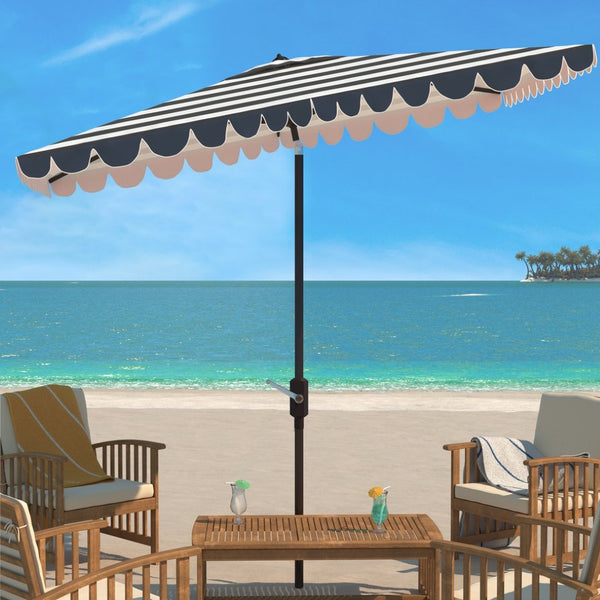 Safavieh VIENNA 6.5ft x 10ft Auto Tilt Rectangular Umbrella – Elegant Coastal Design for Outdoor Spaces Navy / White PAT8311C