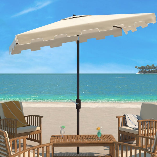 Safavieh ZIMMERMAN 7.5 FT Square Market Umbrella with Stylish Valance for Elegant Outdoor Sun Protection Beige / White PAT8400C