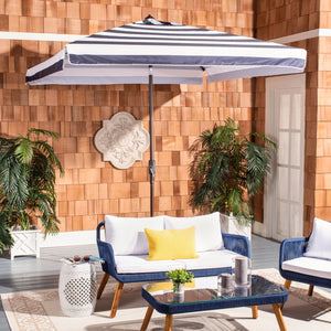 Safavieh ELSA Elegant 7.5 Ft Square Patio Umbrella for Stylish Outdoor Living with Durable Weather Resistance Navy / White PAT8403B