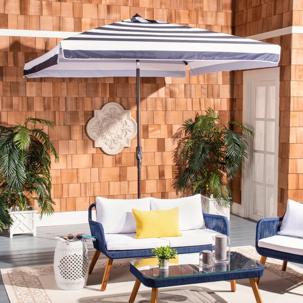 Safavieh ELSA Elegant 7.5 Ft Square Patio Umbrella for Stylish Outdoor Living with Durable Weather Resistance Navy / White PAT8403B