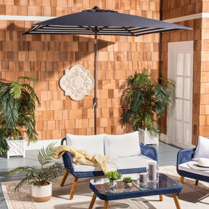 Safavieh ATHENS 7.5 FT Square Crank Umbrella - Elegant Mediterranean Design for Patios and Outdoor Spaces Navy / White PAT8407A