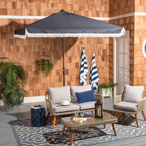 Safavieh MILAN FRINGE 7.5 FT SQUARE CRANK UMBRELLA - Elegant Outdoor Shade for Patios and Poolside Spaces Navy / White PAT8408A