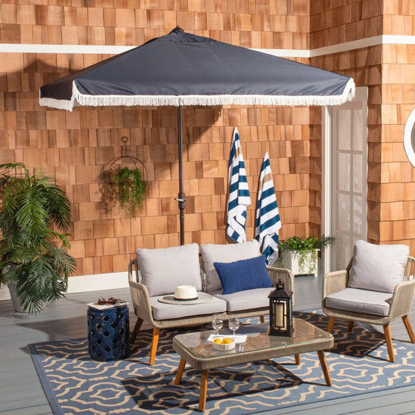 Safavieh MILAN FRINGE 7.5 FT SQUARE CRANK UMBRELLA - Elegant Outdoor Shade for Patios and Poolside Spaces Navy / White PAT8408A