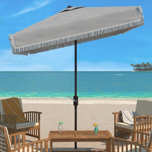 Safavieh MILAN FRINGE 7.5 FT SQUARE CRANK UMBRELLA - Elegant Outdoor Shade for Patios and Poolside Spaces Grey PAT8408B