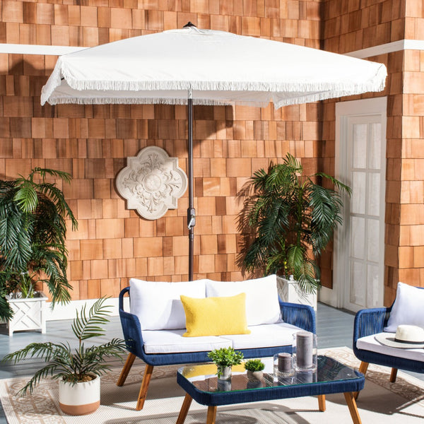 Safavieh MILAN FRINGE 7.5 FT SQUARE CRANK UMBRELLA - Elegant Outdoor Shade for Patios and Poolside Spaces Ivory PAT8408C