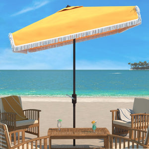 Safavieh MILAN FRINGE 7.5 FT SQUARE CRANK UMBRELLA - Elegant Outdoor Shade for Patios and Poolside Spaces Yellow PAT8408D