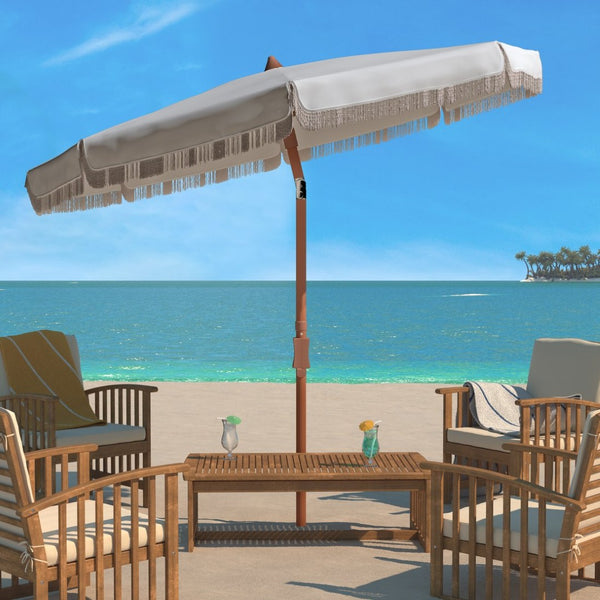 Safavieh ESTONIA 6.5 FT FRINGE BEACH UMBRELLA - Stylish Sunshade for Patios, Pools, and Sandy Shores White PAT8500A