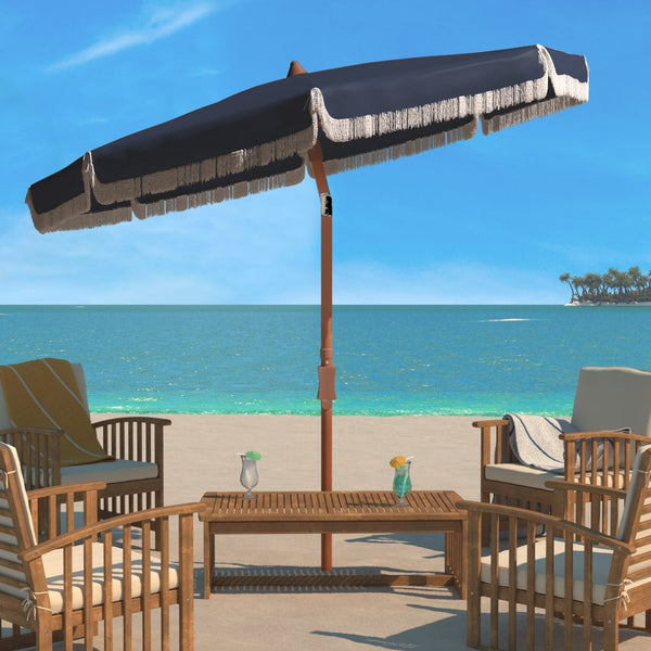 Safavieh ESTONIA 6.5 FT FRINGE BEACH UMBRELLA - Stylish Sunshade for Patios, Pools, and Sandy Shores Navy / White PAT8500B