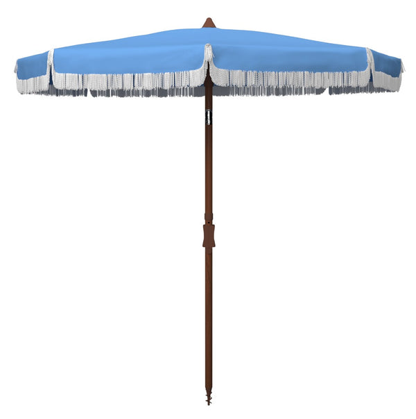 Safavieh ESTONIA 6.5 FT FRINGE BEACH UMBRELLA - Stylish Sunshade for Patios, Pools, and Sandy Shores Baby Blue / White PAT8500C