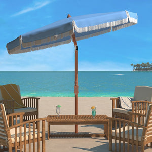 Safavieh ESTONIA 6.5 FT FRINGE BEACH UMBRELLA - Stylish Sunshade for Patios, Pools, and Sandy Shores Baby Blue / White PAT8500C