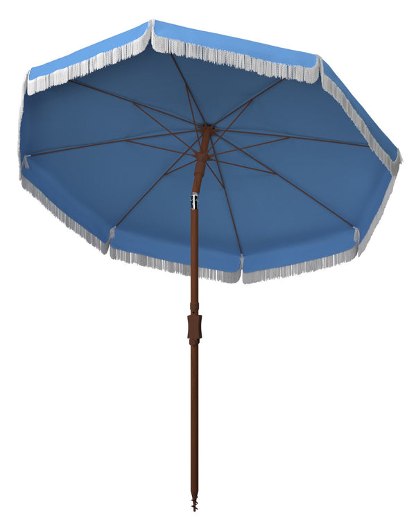 Safavieh ESTONIA 6.5 FT FRINGE BEACH UMBRELLA - Stylish Sunshade for Patios, Pools, and Sandy Shores Baby Blue / White PAT8500C