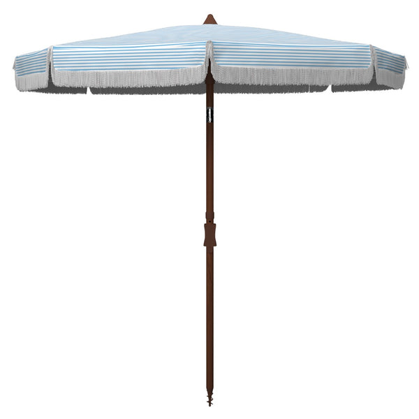 Safavieh COPEN 6.5 FT Stylish Beach Umbrella with Chic Stripes, Durable Frame, and Easy Tilt Mechanism Baby Blue / White PAT8501C