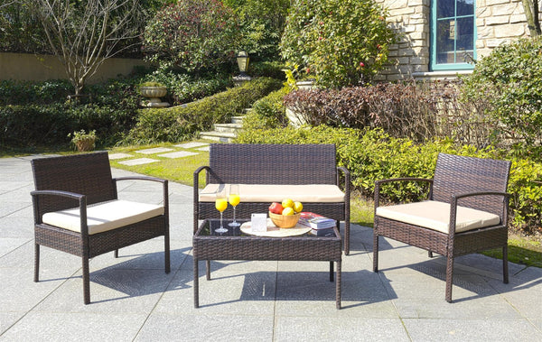 Safavieh MATTIA 4-Piece Outdoor Lounge Set – Durable Brown Rattan & Beige Cushions for Stylish Relaxation PAT9001A