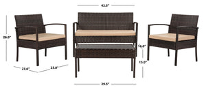 Safavieh MATTIA 4-Piece Outdoor Lounge Set – Durable Brown Rattan & Beige Cushions for Stylish Relaxation PAT9001A