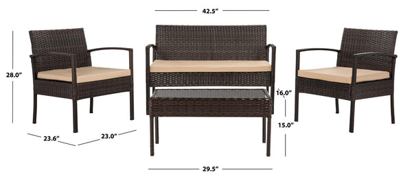 Safavieh MATTIA 4-Piece Outdoor Lounge Set – Durable Brown Rattan & Beige Cushions for Stylish Relaxation PAT9001A