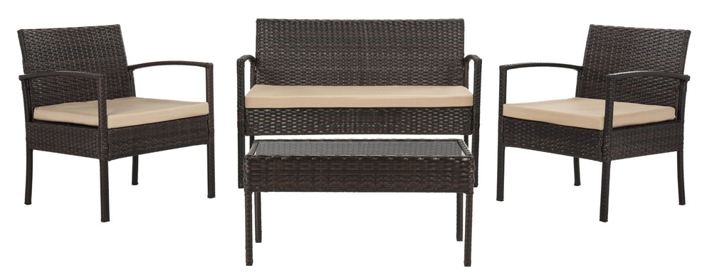 Safavieh MATTIA 4-Piece Outdoor Lounge Set – Durable Brown Rattan & Beige Cushions for Stylish Relaxation PAT9001A