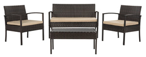 Safavieh MATTIA 4-Piece Outdoor Lounge Set – Durable Brown Rattan & Beige Cushions for Stylish Relaxation PAT9001A