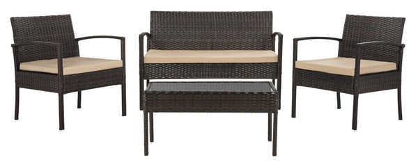Safavieh MATTIA 4-Piece Outdoor Lounge Set – Durable Brown Rattan & Beige Cushions for Stylish Relaxation PAT9001A