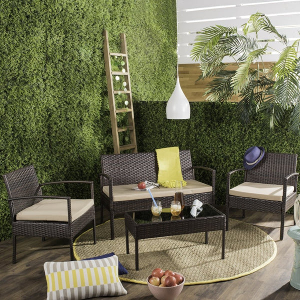 Safavieh MATTIA 4-Piece Outdoor Lounge Set – Durable Brown Rattan & Beige Cushions for Stylish Relaxation PAT9001A