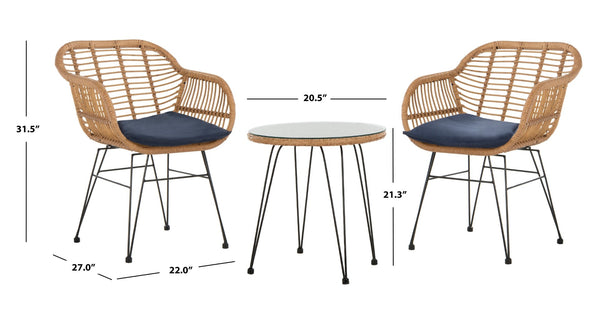 Safavieh ALTON 3-Piece Lounge Set - Stylish Rattan & Steel Outdoor Furniture for Comfort & Versatile Use Brown / Navy PAT9004B