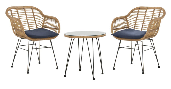 Safavieh ALTON 3-Piece Lounge Set - Stylish Rattan & Steel Outdoor Furniture for Comfort & Versatile Use Brown / Navy PAT9004B