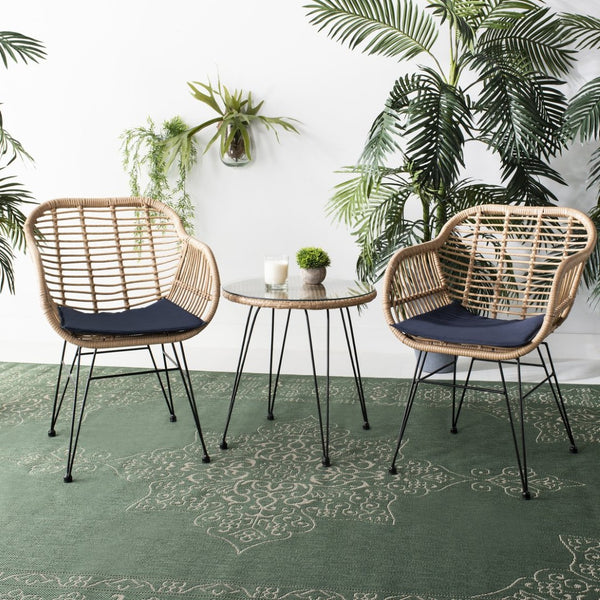 Safavieh ALTON 3-Piece Lounge Set - Stylish Rattan & Steel Outdoor Furniture for Comfort & Versatile Use Brown / Navy PAT9004B