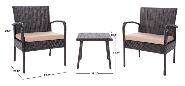 Safavieh MOORE 3-Piece Lounge Set for Cozy Outdoor Gatherings – Weather-Resistant, Modern Design & Comfort Brown / Beige PAT9009B