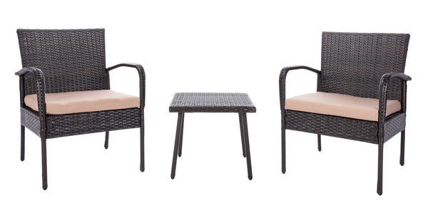 Safavieh MOORE 3-Piece Lounge Set for Cozy Outdoor Gatherings – Weather-Resistant, Modern Design & Comfort Brown / Beige PAT9009B