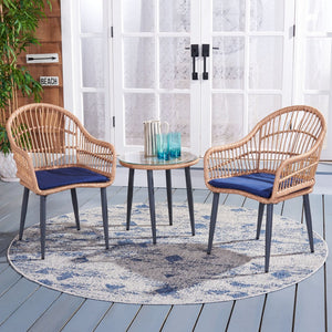 Safavieh BERLEN 3-Piece Outdoor Lounger Set with Barrel-Back Chairs and Accent Table for Cozy Relaxation Natural / Navy PAT9012B